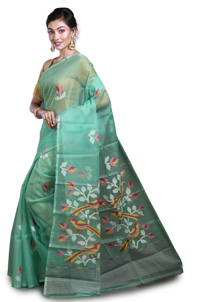 Light Sea Green Pure Muslin Saree with Floral Designs