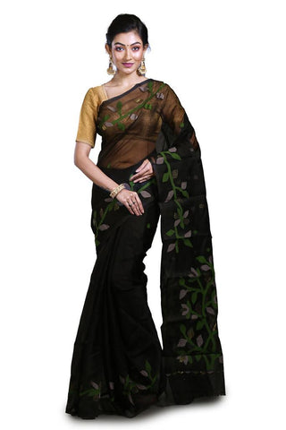 Black Pure Muslin Saree with Floral Designs