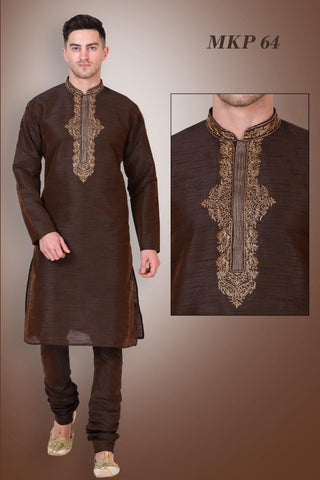 Brown Mens Embroidered Kurta Pyjama Set