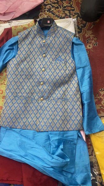 Mens Blue Color Silk Kurta Pajama with Brocade Modi Jacket