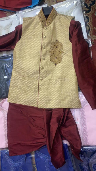 Mens Maroon Color Silk Kurta Pajama with Beige Brocade Modi Jacket