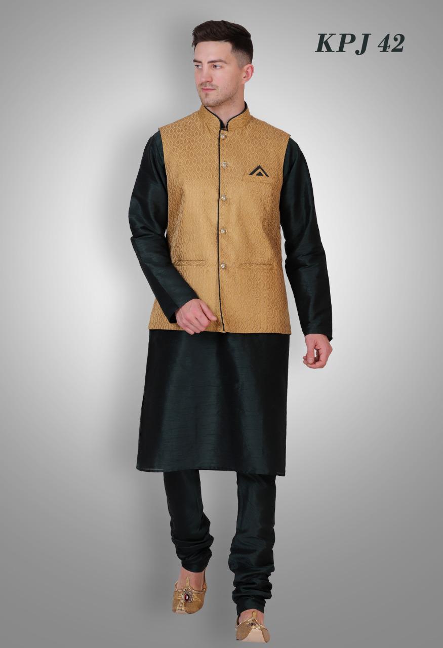 Mens Black Color Silk Kurta Pajama with Beige Brocade Modi Jacket