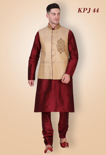 Mens Maroon Color Silk Kurta Pajama with Beige Brocade Modi Jacket