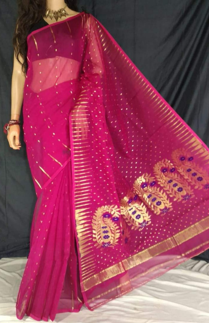 Dark Pink & Gold Handwoven Zari Jamdani Saree