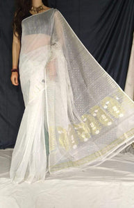 White & Gold Handwoven Zari Jamdani Saree