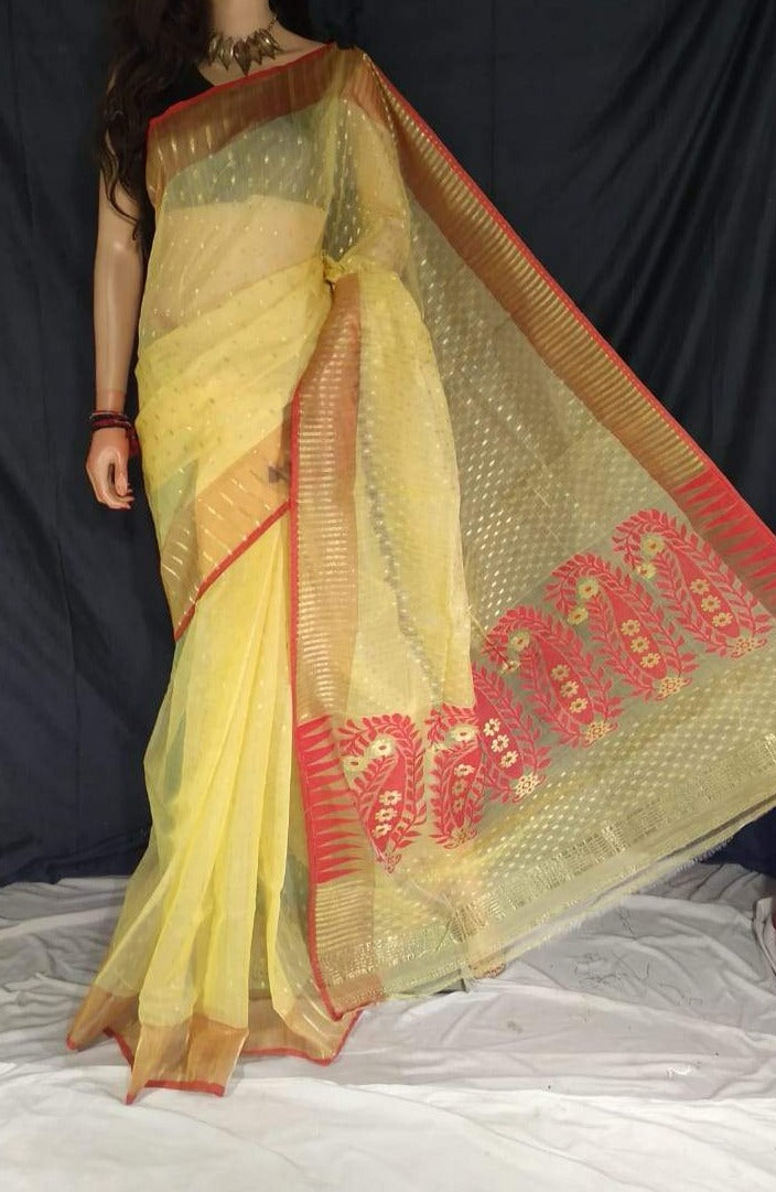 Yellow & Red Handwoven Zari Jamdani Saree