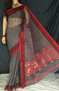 Grey & Red Handwoven Zari Jamdani Saree