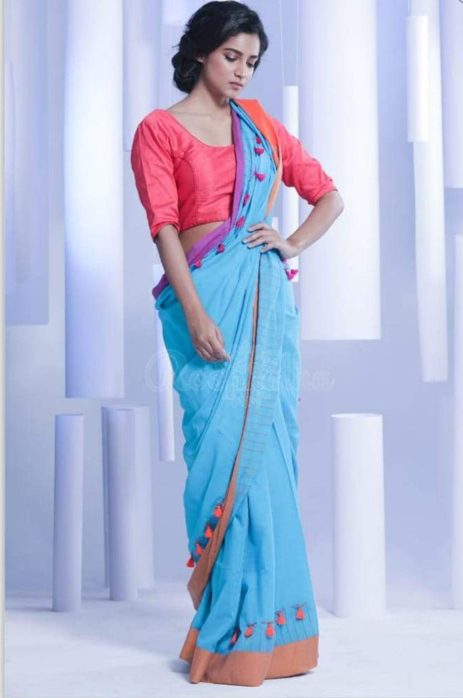 Blue Khadi Cotton Saree with Pink Pompom Border Hand Work