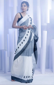 Black & White Khadi Cotton Saree with Pompom Border Hand Work
