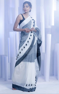 Black & White Khadi Cotton Saree with Pompom Border Hand Work