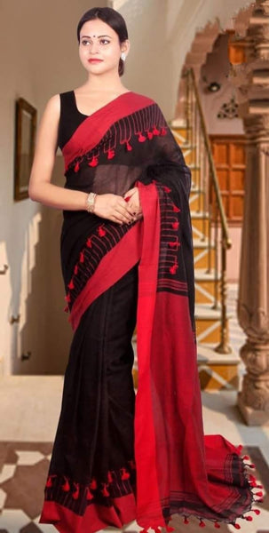 Black & Red Khadi Cotton Saree with Pompom Border Hand Work