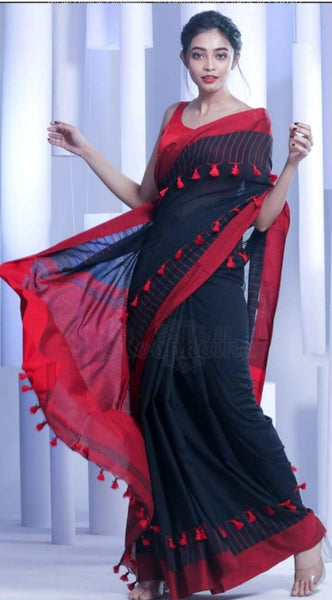 Black & Red Khadi Cotton Saree with Pompom Border Hand Work