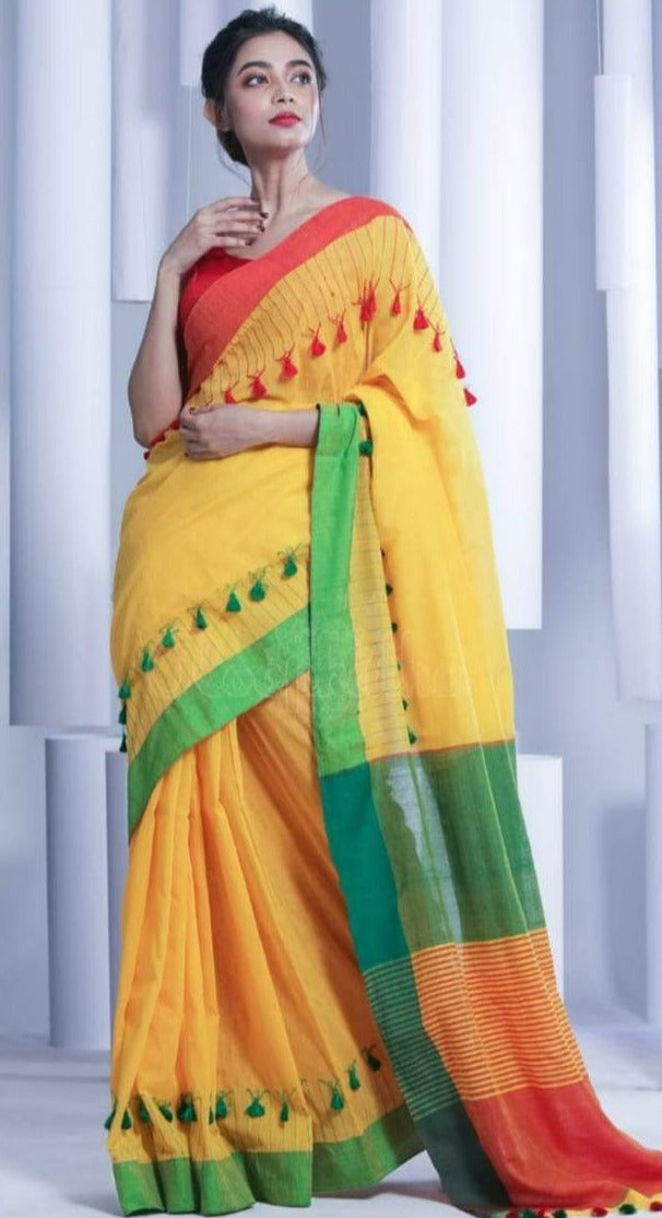 Yellow Multicolor Khadi Cotton Saree with Pompom Border Hand Work