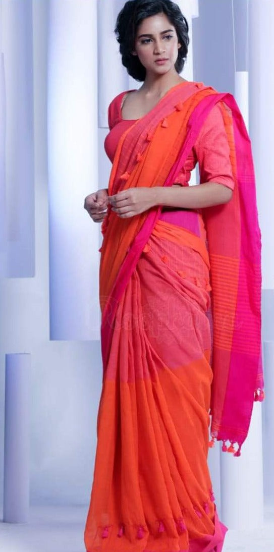 Dark Pink & Orange Khadi Cotton Saree with Pompom Border Hand Work
