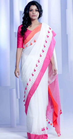 White Khadi Cotton Saree with Pink Pompom Border Hand Work