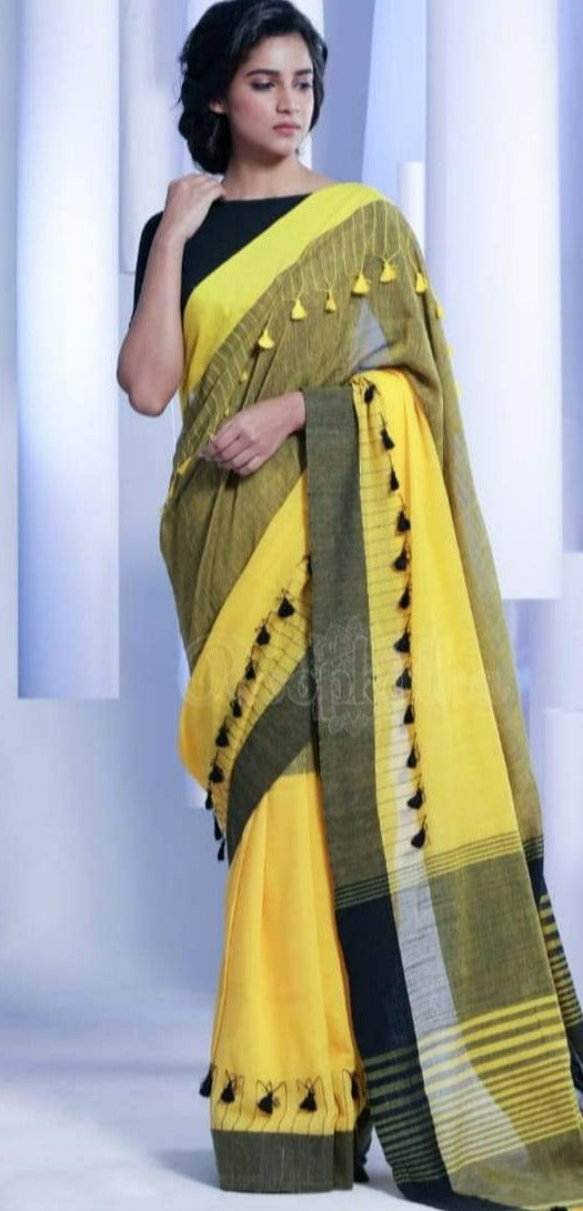 Yellow & Black Khadi Cotton Saree with Pompom Border Hand Work