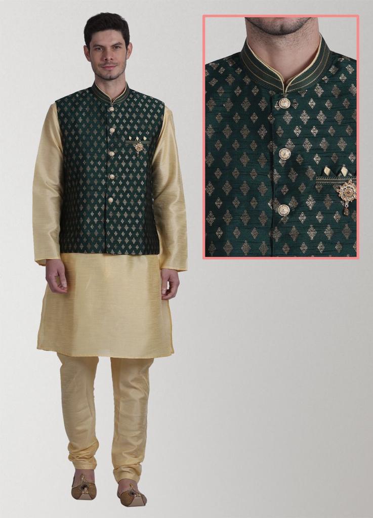 Men's Golden Color Silk Kurta Pajama with Brocade Modi Jacket