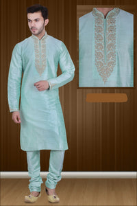 Sea Green Color Long Dupion Silk Men's Kurta Pajama Set
