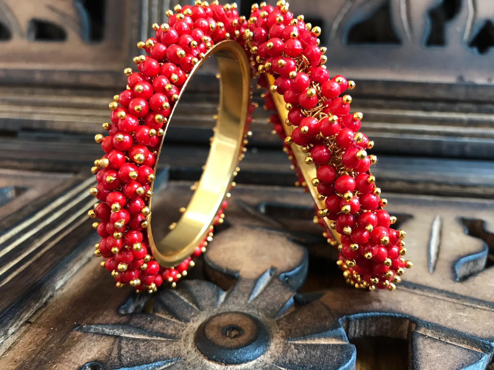 Gold Plated Red Color Beads Studded Bangle