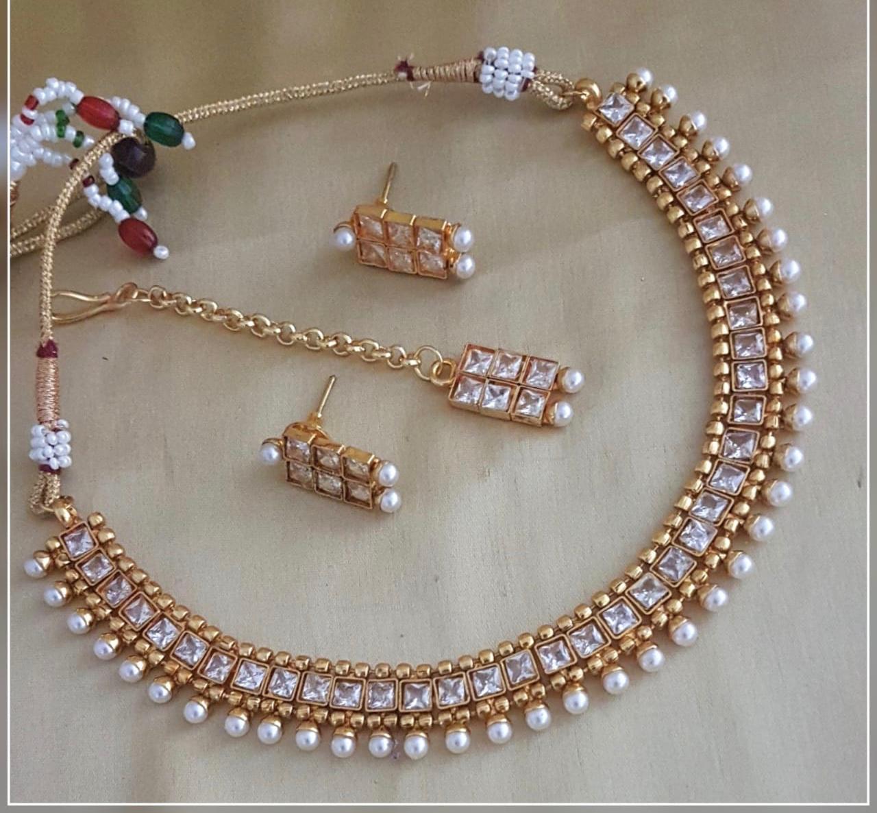 Traditional White Stone Studded & Pearls Jewellery Set
