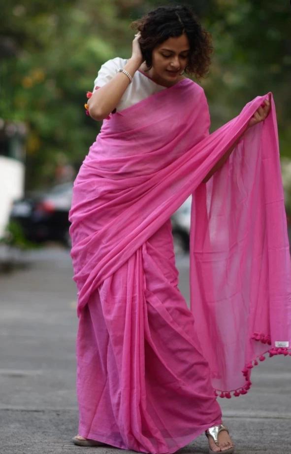 Tulip Pink Mulmul Saree