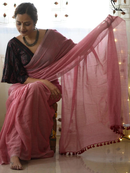 Reddish Peach Mulmul Saree