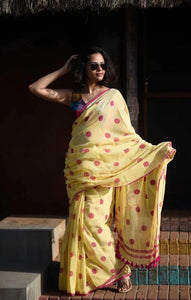 Yellow and Rani Polka Dot Saree