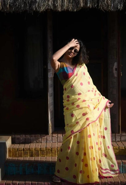 Yellow and Rani Polka Dot Saree