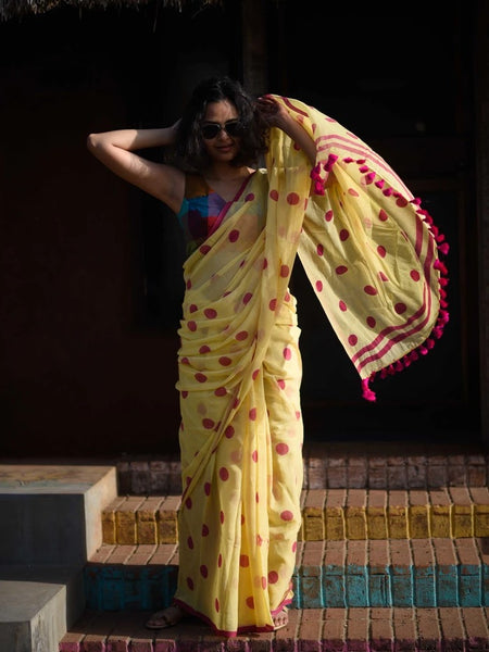 Yellow and Rani Polka Dot Saree