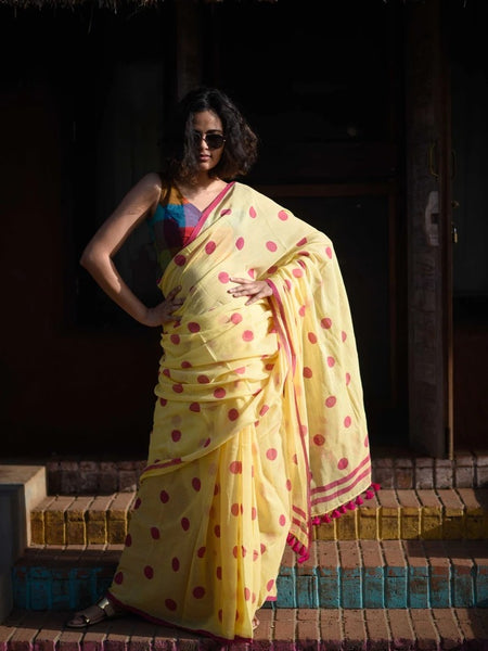 Yellow and Rani Polka Dot Saree