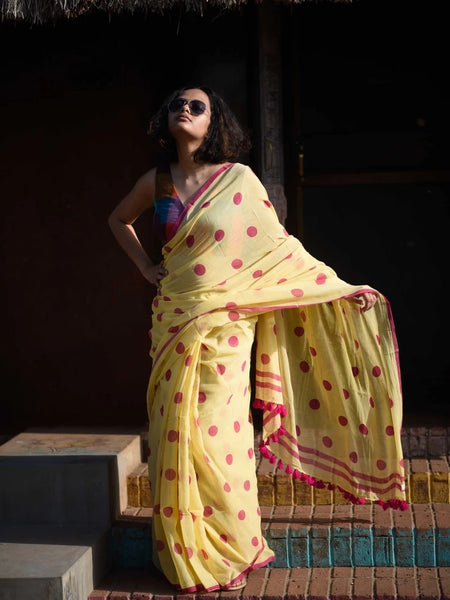 Yellow and Rani Polka Dot Saree