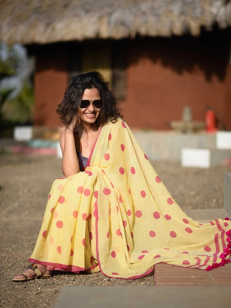 Yellow and Rani Polka Dot Saree