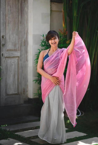 Pink and Grey Mulmul Saree