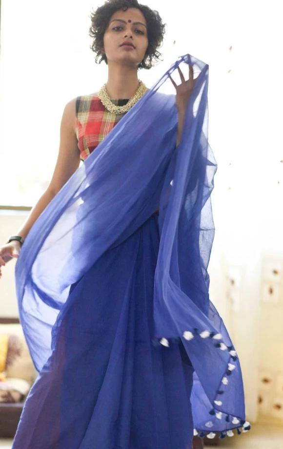 Midnight Blue Mulmul Saree