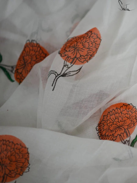 White and Orange Mul Saree