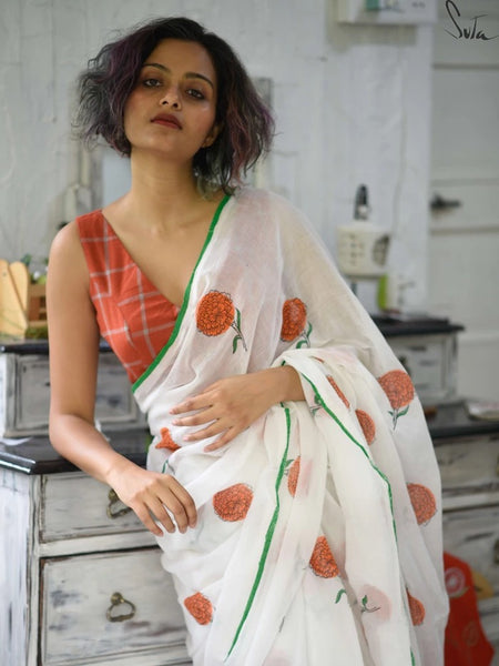 White and Orange Mul Saree