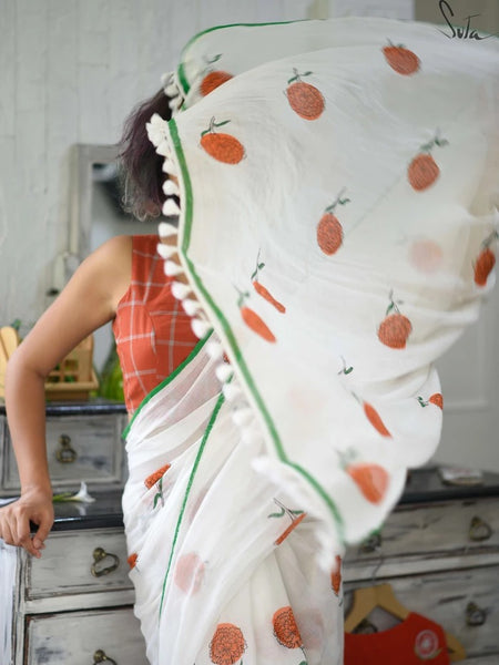 White and Orange Mul Saree