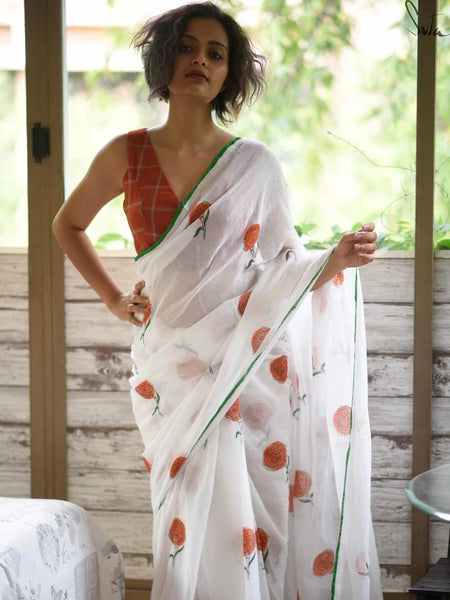 White and Orange Mul Saree