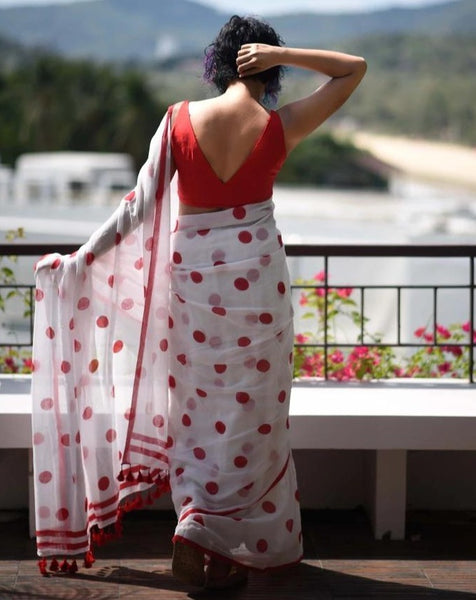 White and Red Polka Saree