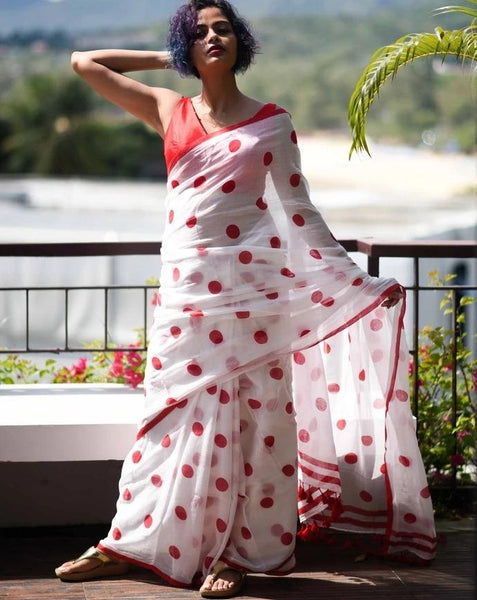 White and Red Polka Saree