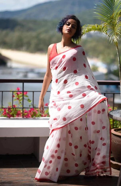 White and Red Polka Saree