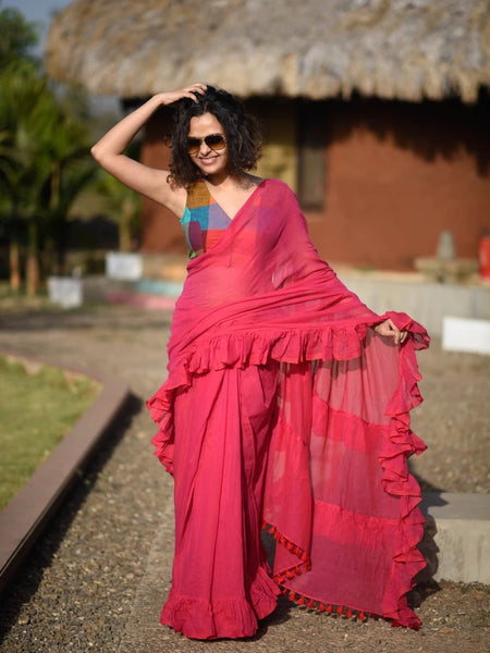 Red Mulmul Swirl Saree