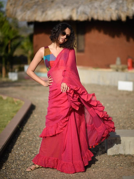 Red Mulmul Swirl Saree