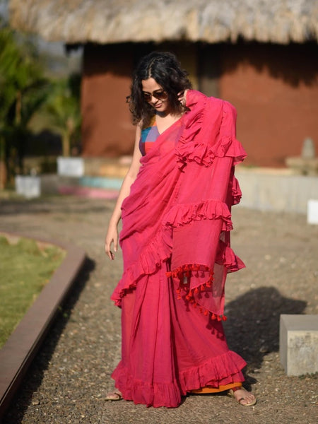 Red Mulmul Swirl Saree