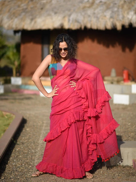 Red Mulmul Swirl Saree
