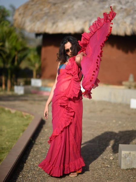 Red Mulmul Swirl Saree