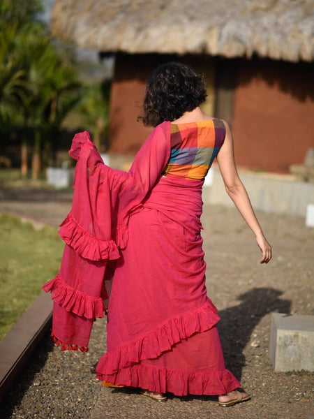 Red Mulmul Swirl Saree