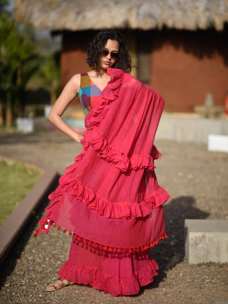 Red Mulmul Swirl Saree