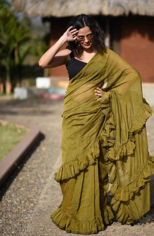 Olive Green Mulmul Saree