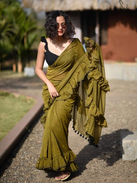 Olive Green Mulmul Saree